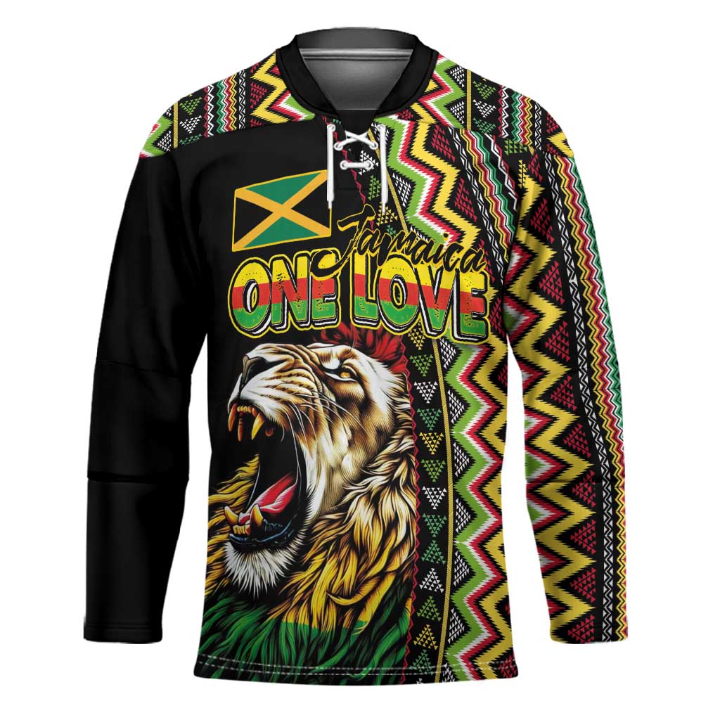 Personalized Jamaican Reggae-One Love Hockey Jersey Tribal African Pattern and Roaring Lion - African Pride