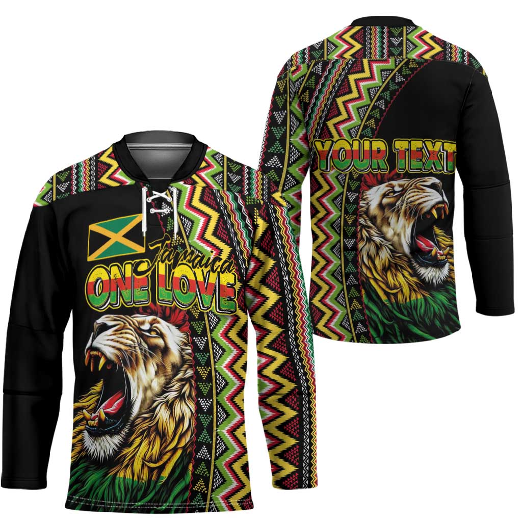 Personalized Jamaican Reggae-One Love Hockey Jersey Tribal African Pattern and Roaring Lion - African Pride