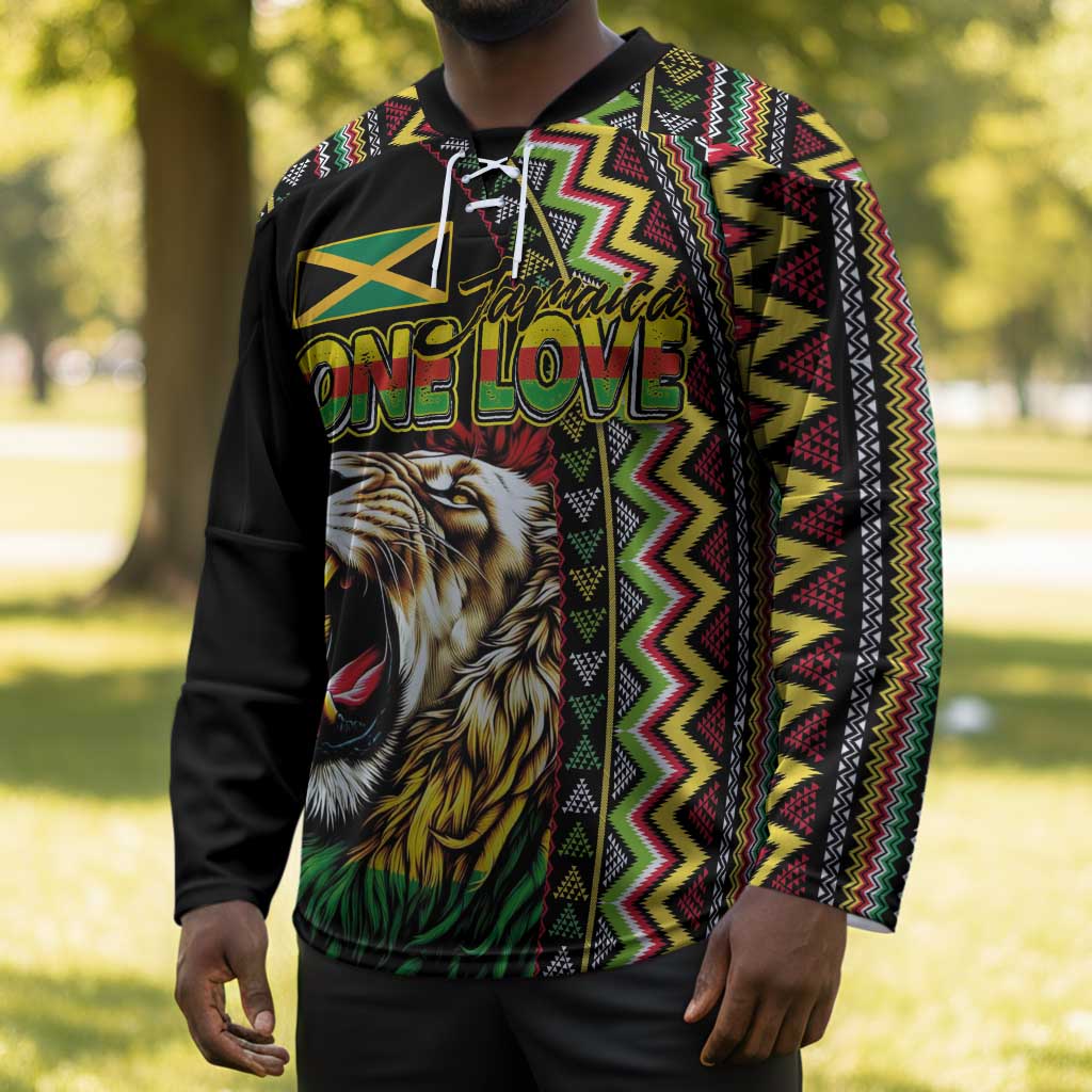 Personalized Jamaican Reggae-One Love Hockey Jersey Tribal African Pattern and Roaring Lion - African Pride