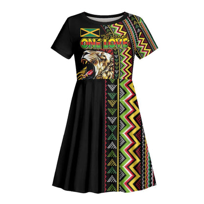 Personalized Jamaican Reggae-One Love Kid Short Sleeve Dress Tribal African Pattern and Roaring Lion LT03