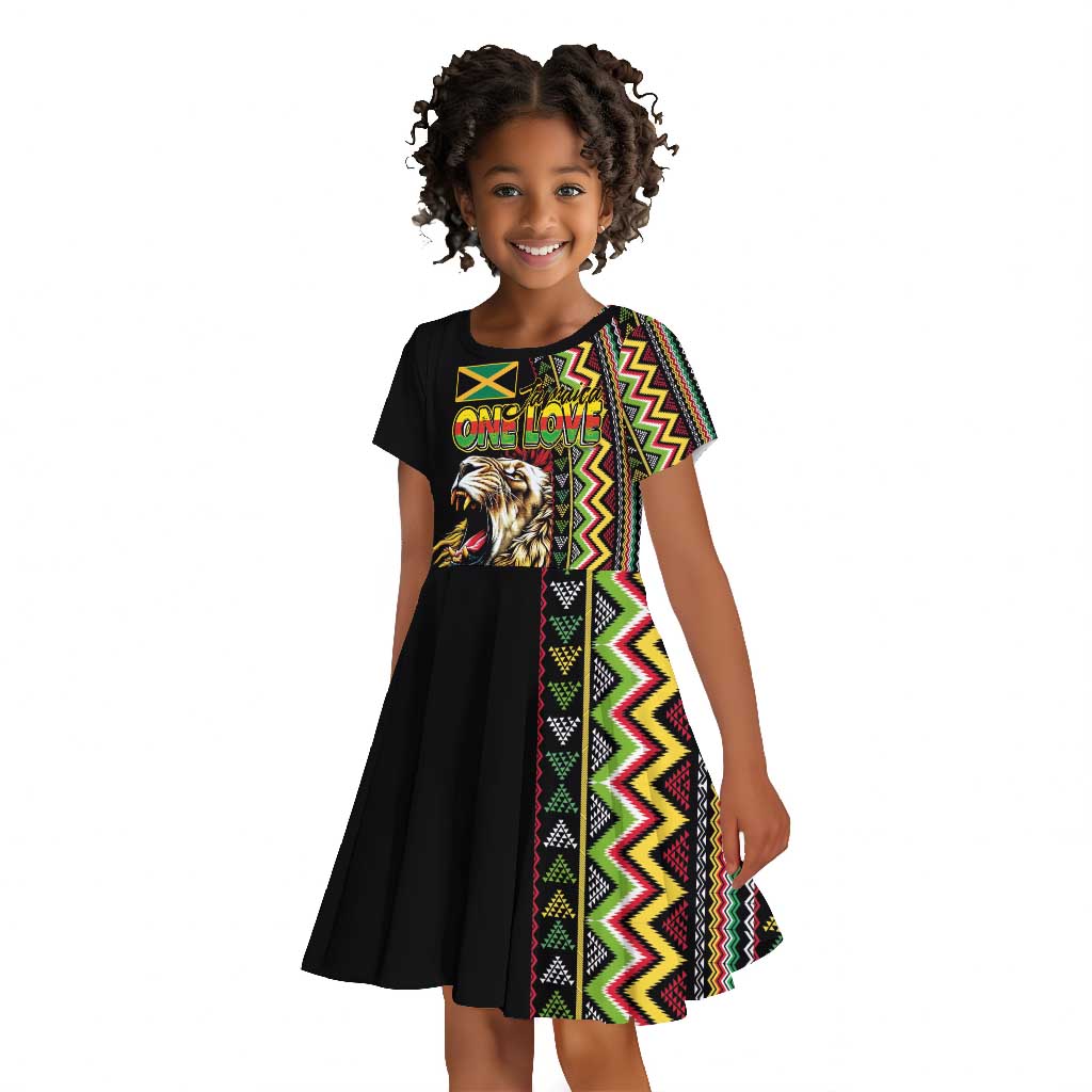 Personalized Jamaican Reggae-One Love Kid Short Sleeve Dress Tribal African Pattern and Roaring Lion LT03