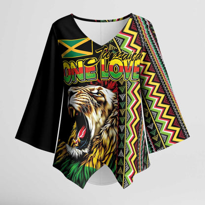 Personalized Jamaican Reggae-One Love Kimono Sleeve Blouse Tribal African Pattern and Roaring Lion - African Pride