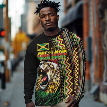 Personalized Jamaican Reggae-One Love Long Sleeve Shirt Tribal African Pattern and Roaring Lion - African Pride