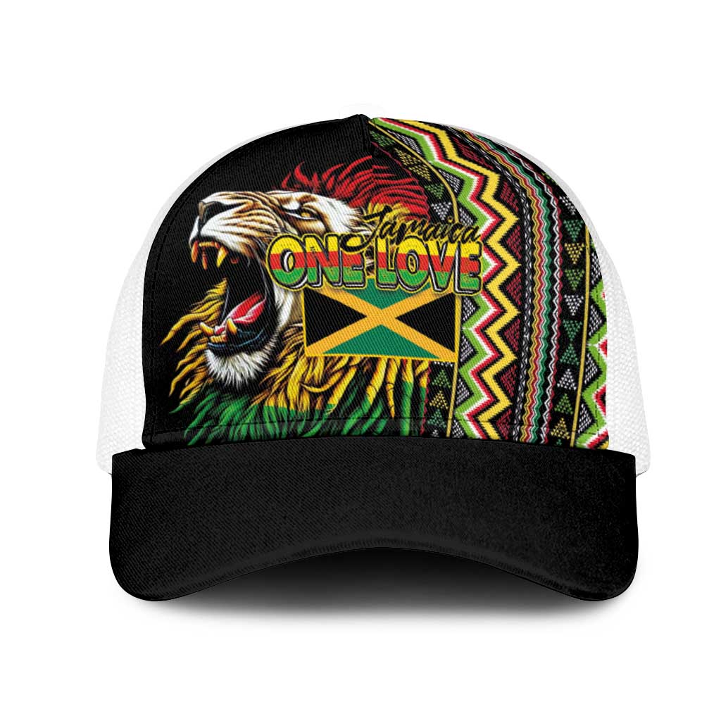 Jamaican Reggae-One Love Mesh Trucker Cap Tribal African Pattern and Roaring Lion - African Pride