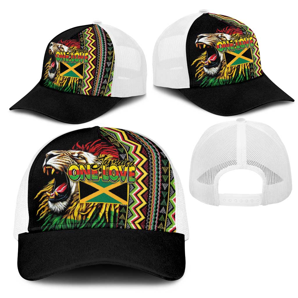 Jamaican Reggae-One Love Mesh Trucker Cap Tribal African Pattern and Roaring Lion - African Pride