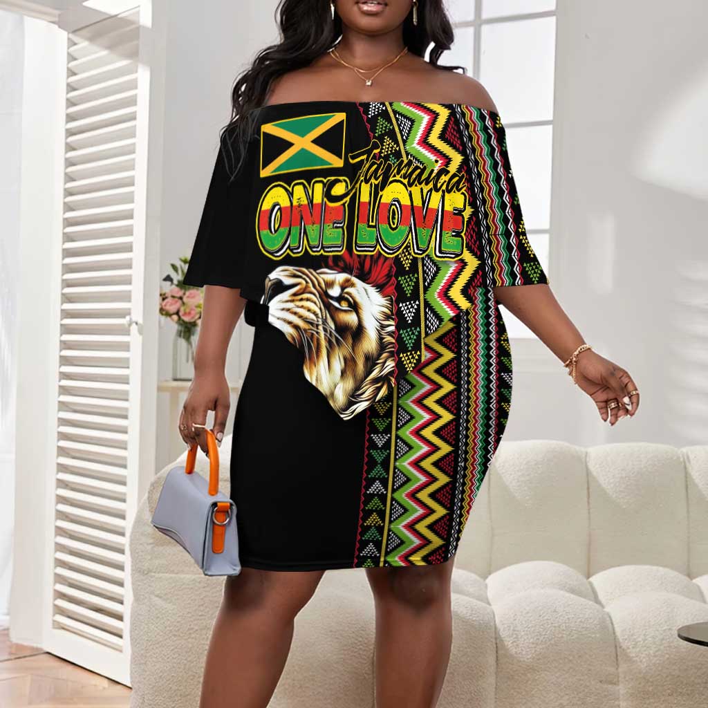Personalized Jamaican Reggae-One Love Off Shoulder Short Dress Tribal African Pattern and Roaring Lion - African Pride