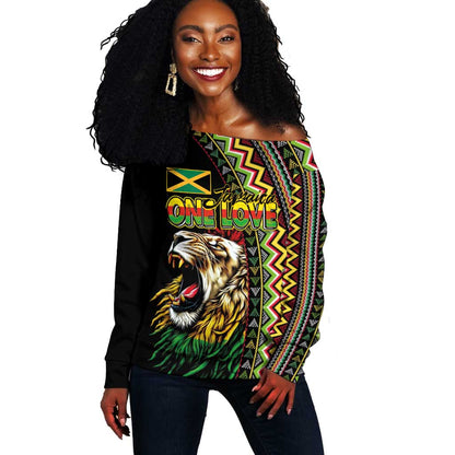 Personalized Jamaican Reggae-One Love Off Shoulder Sweater Tribal African Pattern and Roaring Lion - African Pride