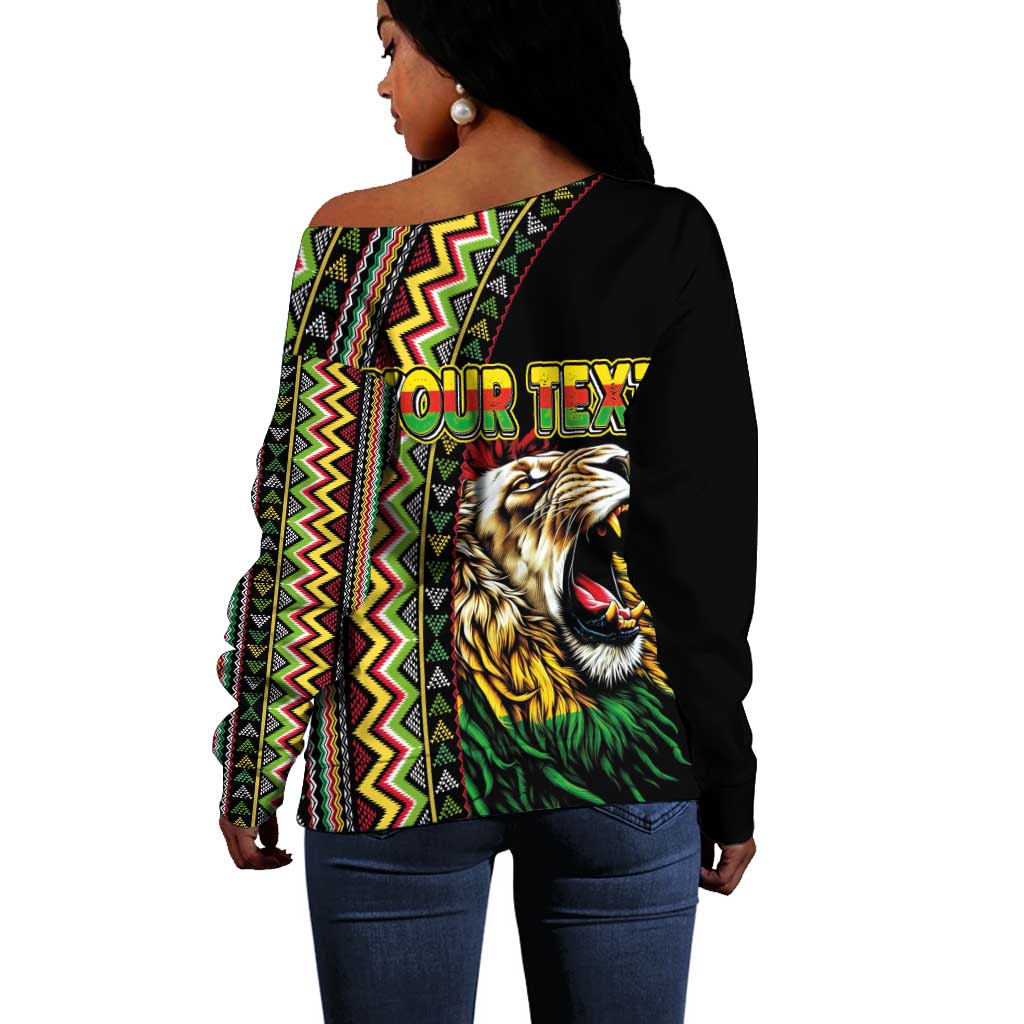 Personalized Jamaican Reggae-One Love Off Shoulder Sweater Tribal African Pattern and Roaring Lion - African Pride