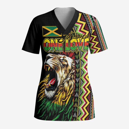 Personalized Jamaican Reggae-One Love Scrub Top Tribal African Pattern and Roaring Lion - African Pride