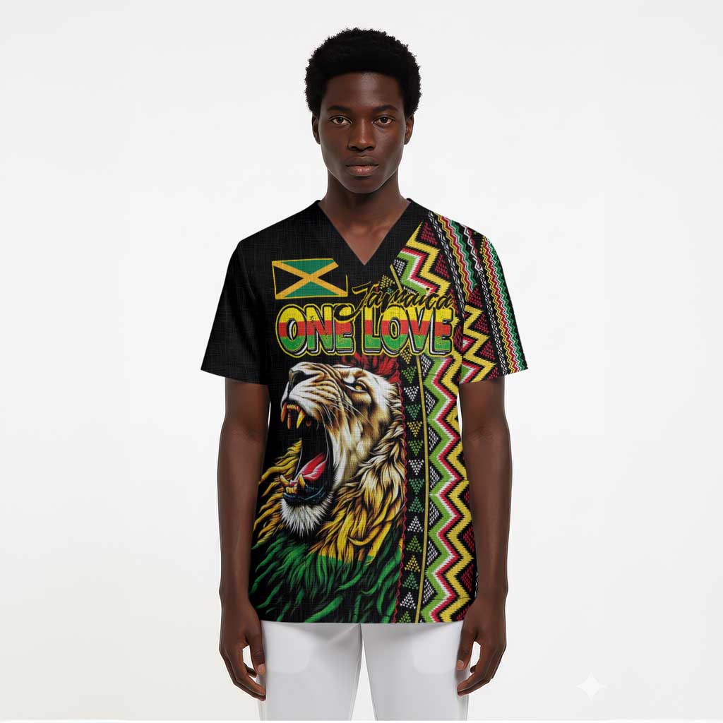 Personalized Jamaican Reggae-One Love Scrub Top Tribal African Pattern and Roaring Lion - African Pride