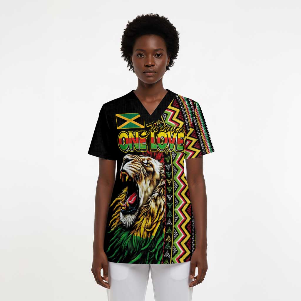 Personalized Jamaican Reggae-One Love Scrub Top Tribal African Pattern and Roaring Lion - African Pride