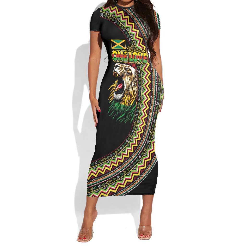 Personalized Jamaican Reggae-One Love Short Sleeve Bodycon Dress Tribal African Pattern and Roaring Lion LT03