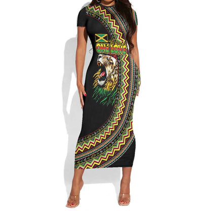 Personalized Jamaican Reggae-One Love Short Sleeve Bodycon Dress Tribal African Pattern and Roaring Lion LT03