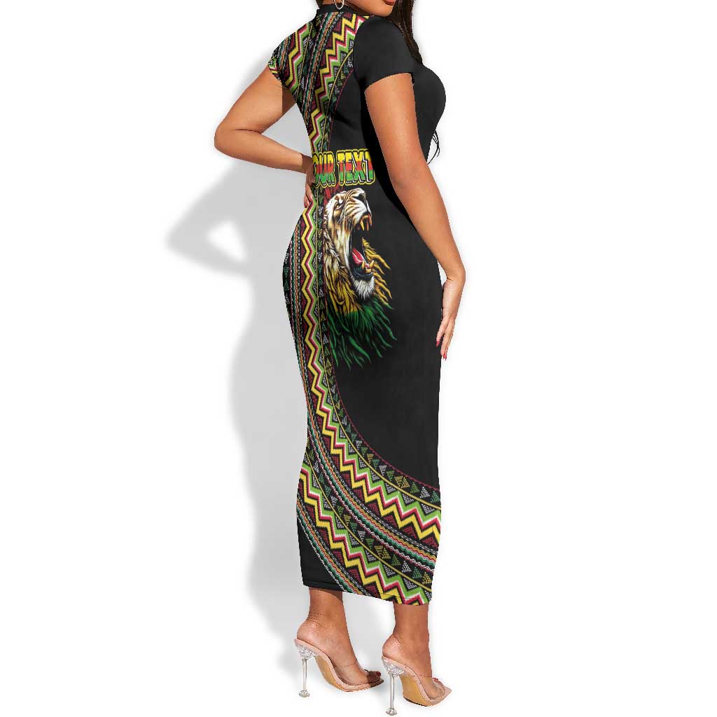 Personalized Jamaican Reggae-One Love Short Sleeve Bodycon Dress Tribal African Pattern and Roaring Lion LT03