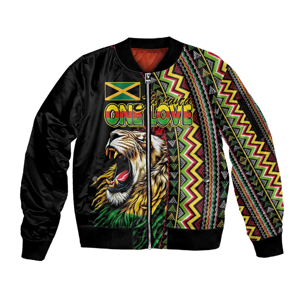 Personalized Jamaican Reggae-One Love Sleeve Zip Bomber Jacket Tribal African Pattern and Roaring Lion - African Pride