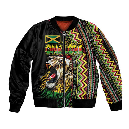 Personalized Jamaican Reggae-One Love Sleeve Zip Bomber Jacket Tribal African Pattern and Roaring Lion - African Pride