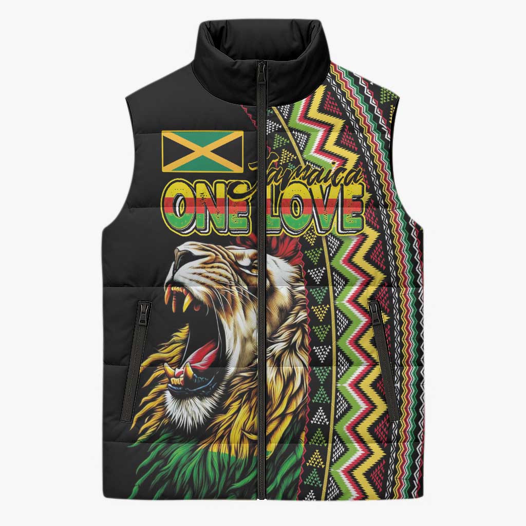 Personalized Jamaican Reggae-One Love Sleeveless Puffer Jacket Tribal African Pattern and Roaring Lion - African Pride