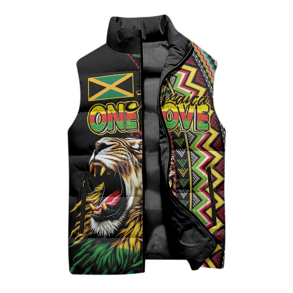 Personalized Jamaican Reggae-One Love Sleeveless Puffer Jacket Tribal African Pattern and Roaring Lion - African Pride