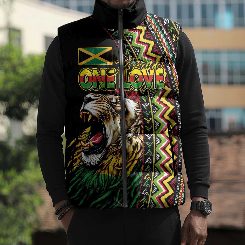 Personalized Jamaican Reggae-One Love Sleeveless Puffer Jacket Tribal African Pattern and Roaring Lion - African Pride