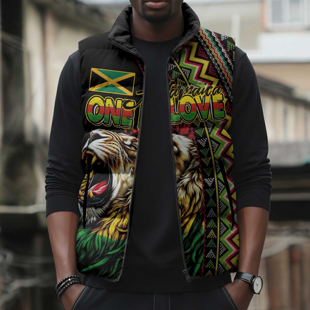 Personalized Jamaican Reggae-One Love Sleeveless Puffer Jacket Tribal African Pattern and Roaring Lion - African Pride
