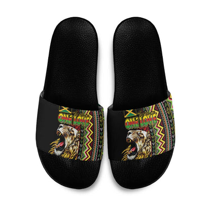 Jamaican Reggae-One Love Slide Sandals Tribal African Pattern and Roaring Lion - African Pride