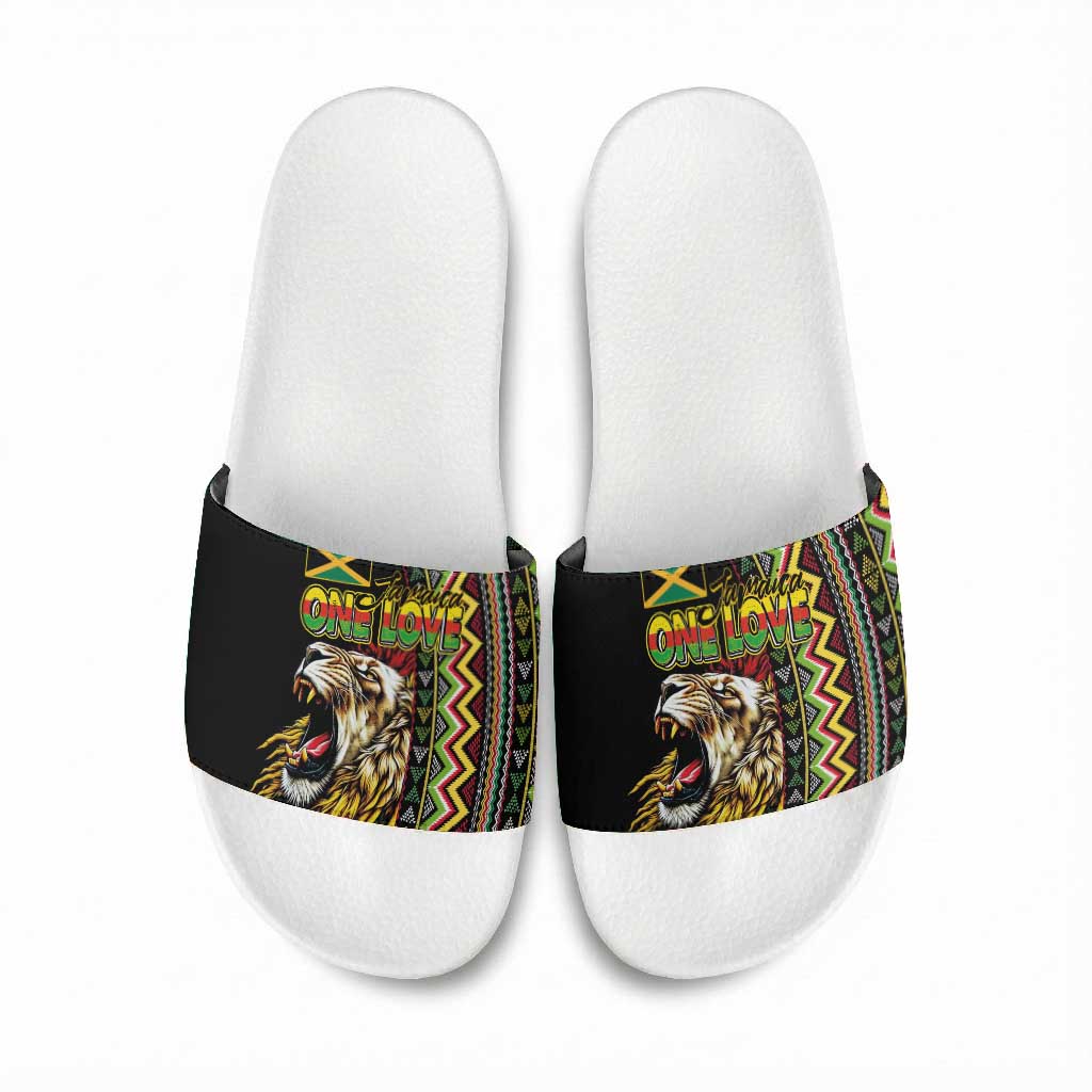 Jamaican Reggae-One Love Slide Sandals Tribal African Pattern and Roaring Lion - African Pride