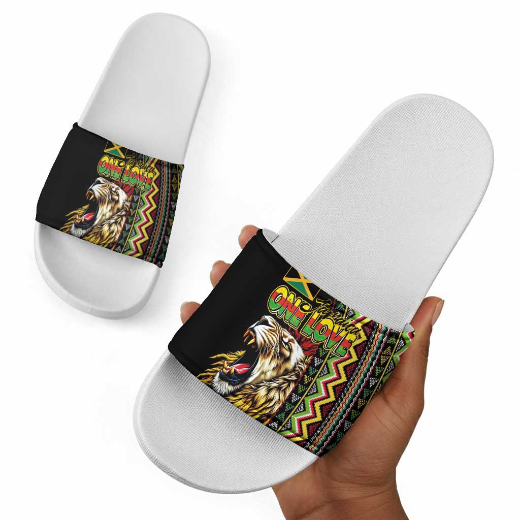 Jamaican Reggae-One Love Slide Sandals Tribal African Pattern and Roaring Lion - African Pride