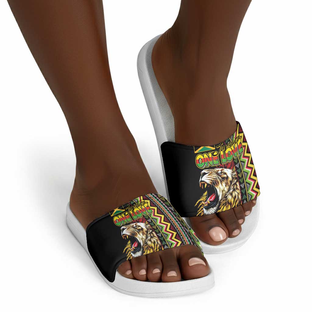 Jamaican Reggae-One Love Slide Sandals Tribal African Pattern and Roaring Lion - African Pride