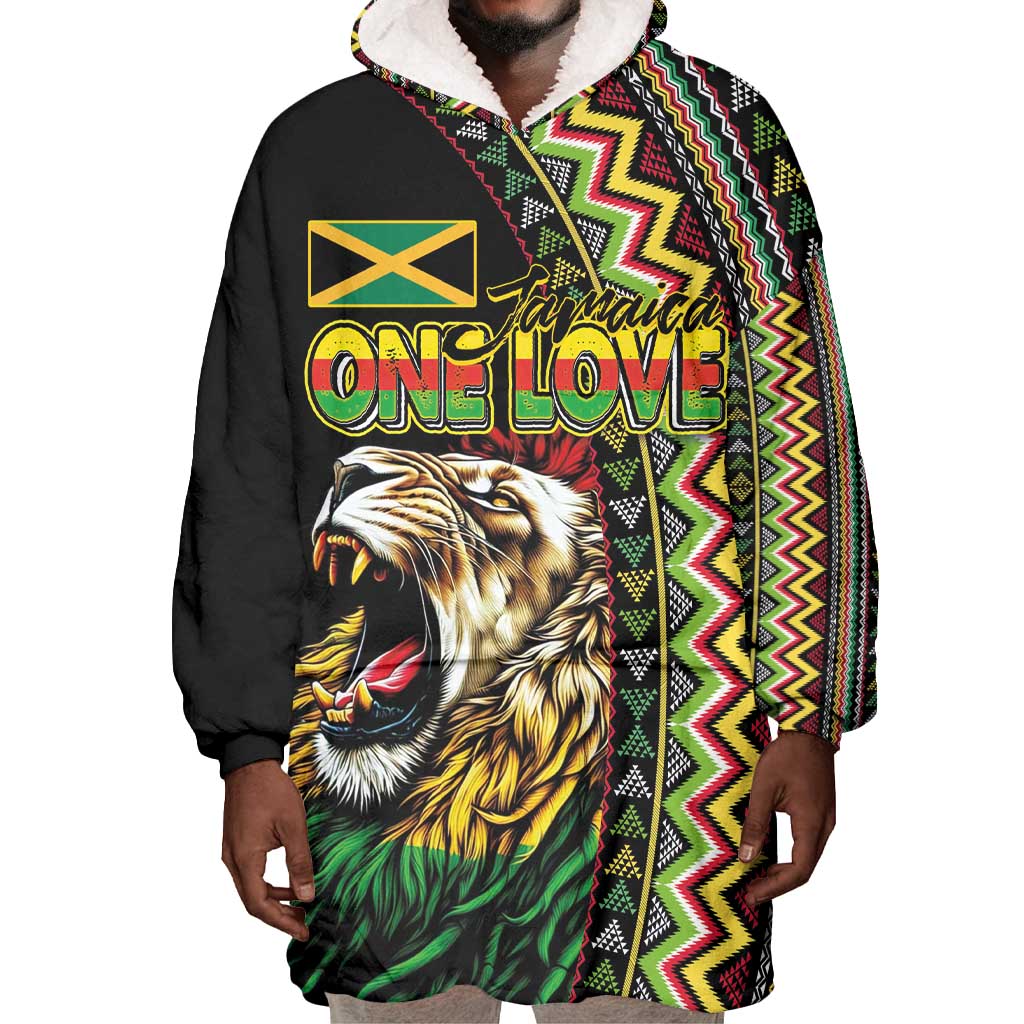 Personalized Jamaican Reggae-One Love Wearable Blanket Hoodie Tribal African Pattern and Roaring Lion - African Pride