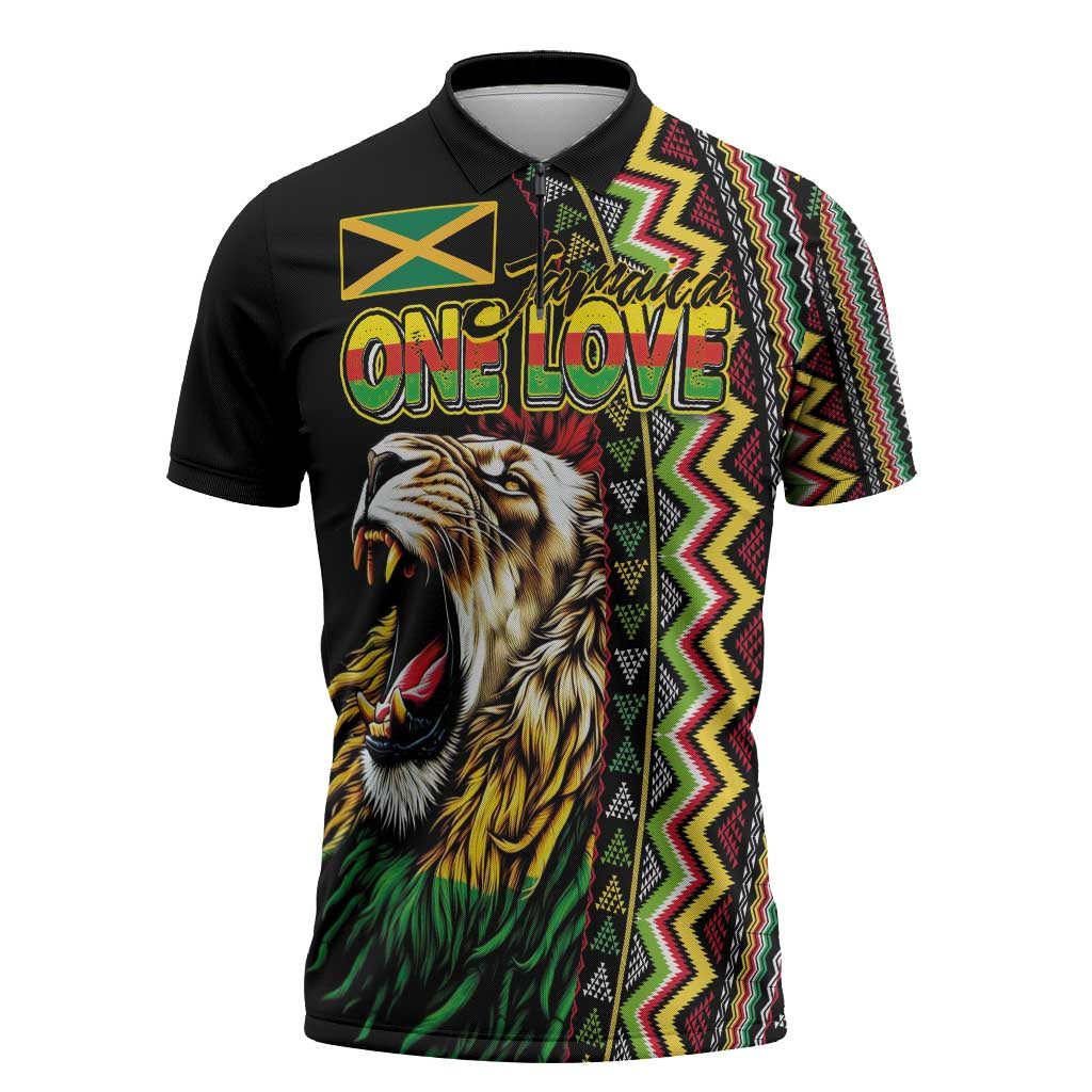 Personalized Jamaican Reggae-One Love Zipper Polo Shirt Tribal African Pattern and Roaring Lion - African Pride