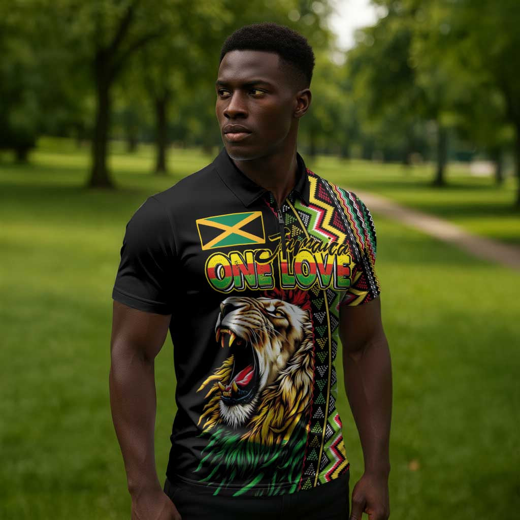 Personalized Jamaican Reggae-One Love Zipper Polo Shirt Tribal African Pattern and Roaring Lion - African Pride