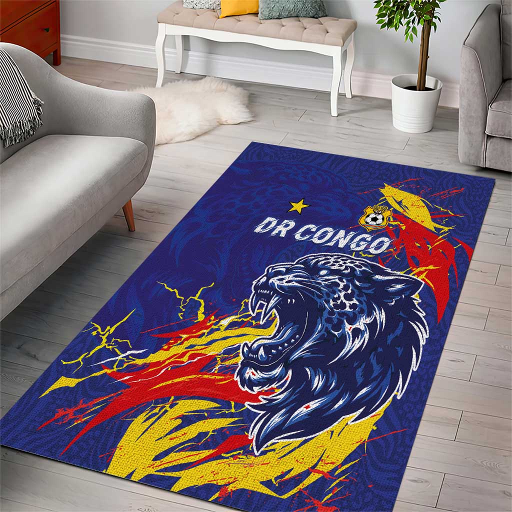 DR Congo Football Leopard Mascot Area Rug Fierce Leopard Art National Flag Colors