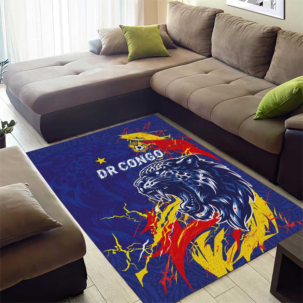 DR Congo Football Leopard Mascot Area Rug Fierce Leopard Art National Flag Colors