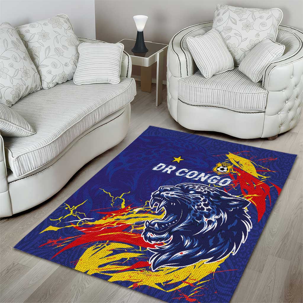 DR Congo Football Leopard Mascot Area Rug Fierce Leopard Art National Flag Colors