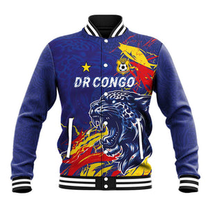 Custom DR Congo Football Leopard Mascot Baseball Jacket Fierce Leopard Art National Flag Colors
