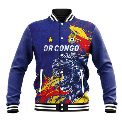 Custom DR Congo Football Leopard Mascot Baseball Jacket Fierce Leopard Art National Flag Colors