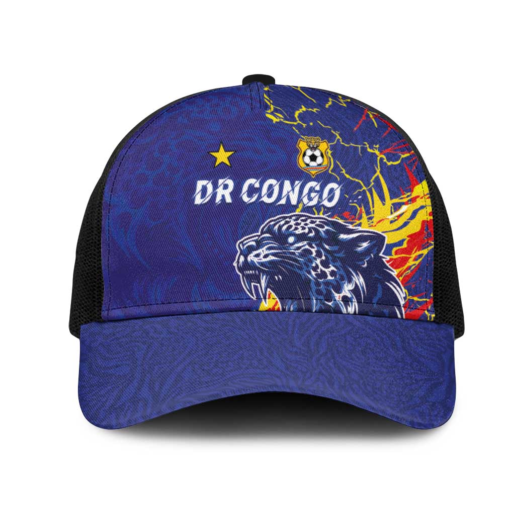 DR Congo Football Leopard Mascot Baseball Net Cap Fierce Leopard Art In National Flag Colors