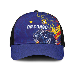 DR Congo Football Leopard Mascot Baseball Net Cap Fierce Leopard Art In National Flag Colors