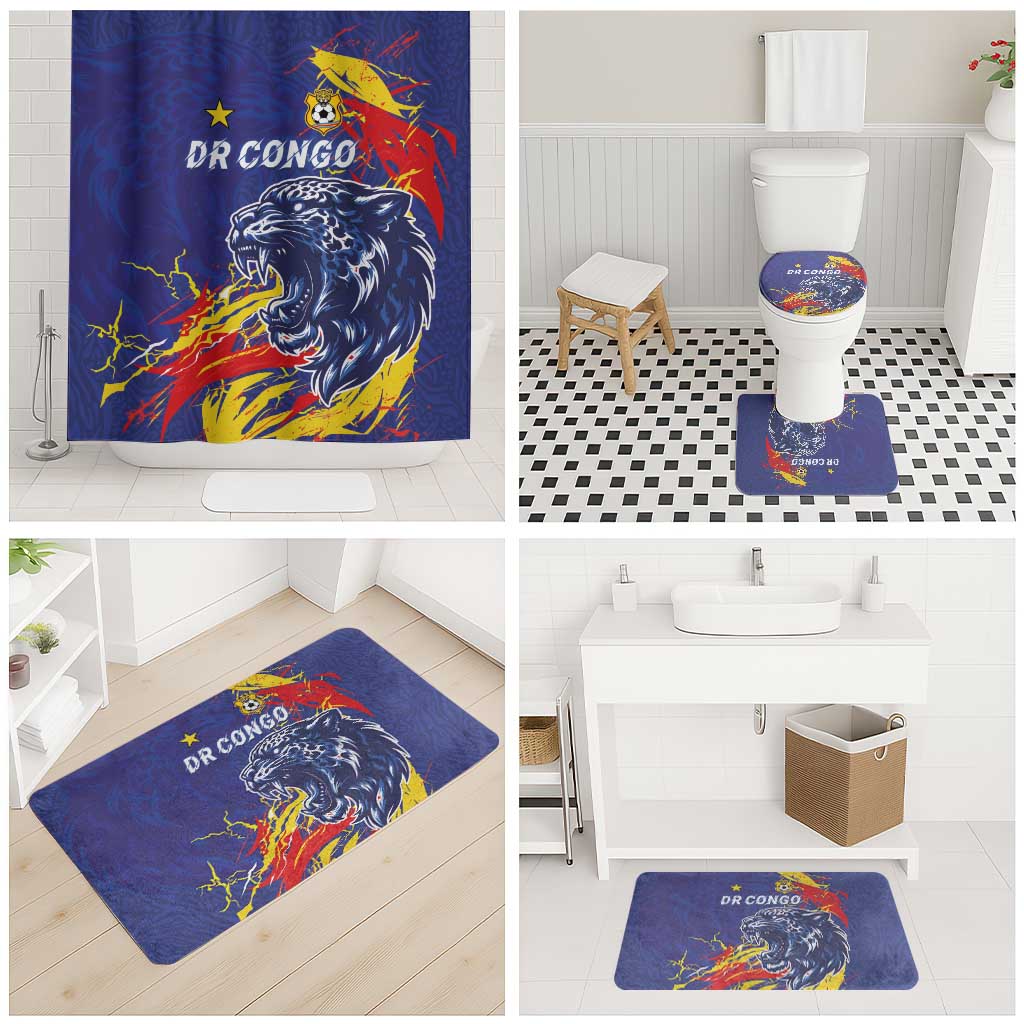 DR Congo Football Leopard Mascot Bathroom Set Fierce Leopard Art National Flag Colors