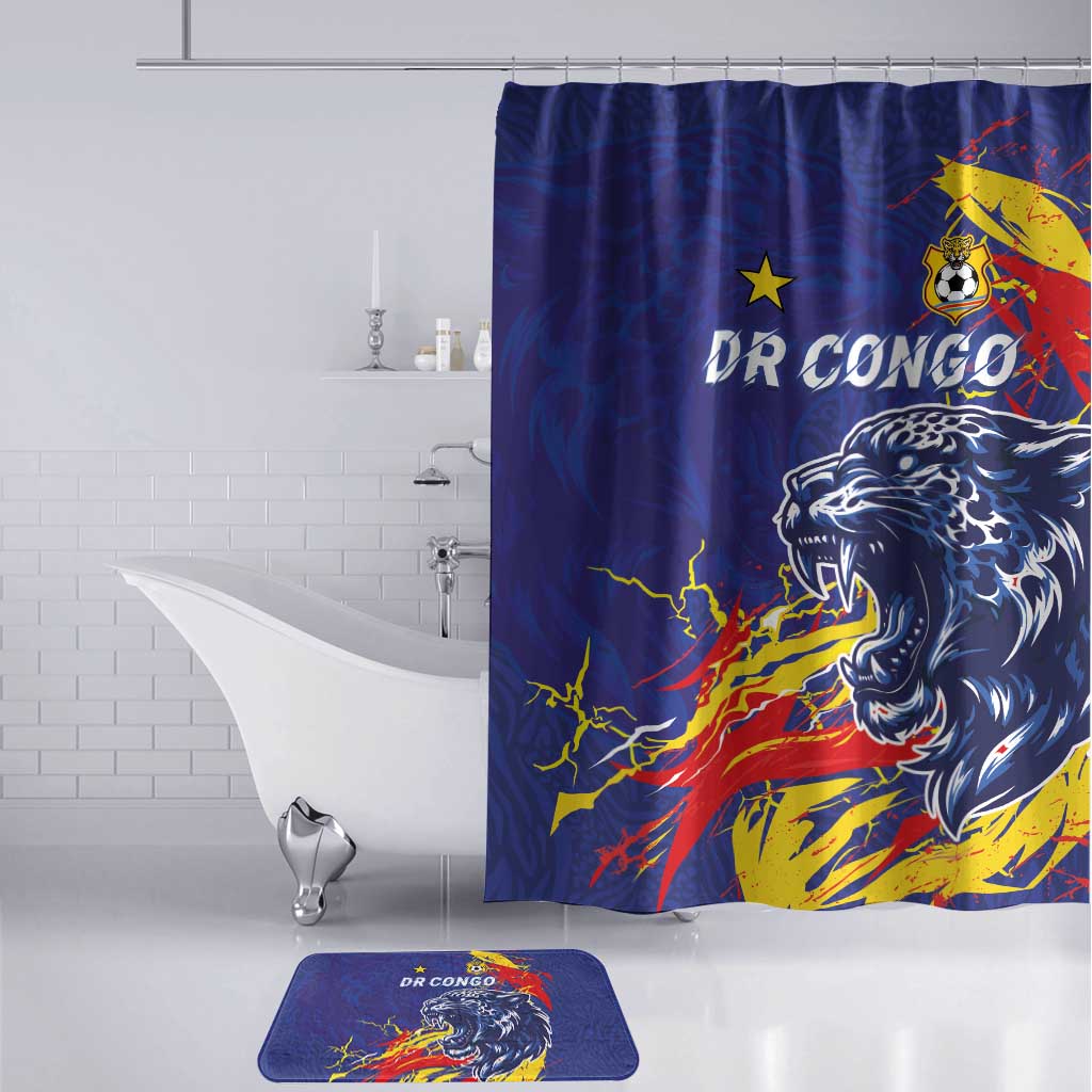 DR Congo Football Leopard Mascot Bathroom Set Fierce Leopard Art National Flag Colors