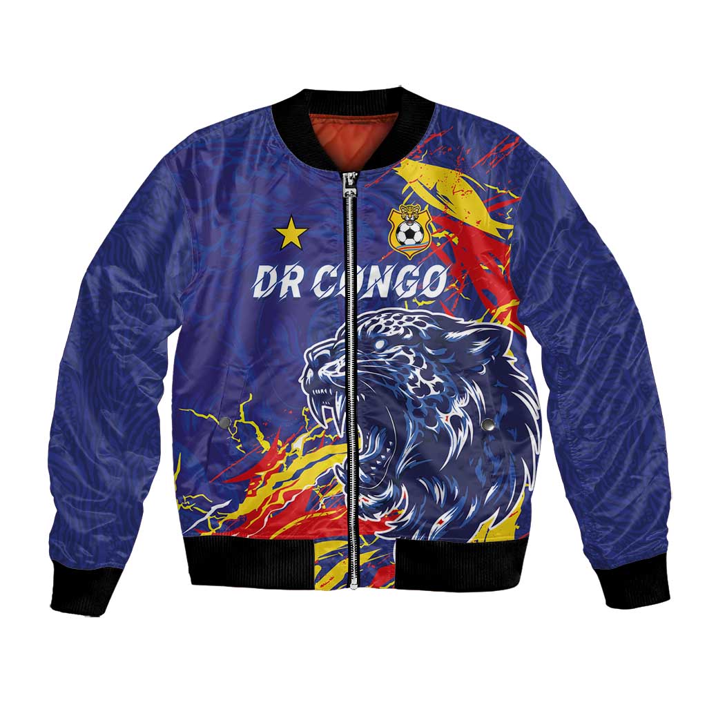 Custom DR Congo Football Leopard Mascot Bomber Jacket Fierce Leopard Art National Flag Colors