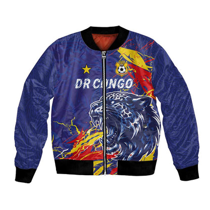 Custom DR Congo Football Leopard Mascot Bomber Jacket Fierce Leopard Art National Flag Colors