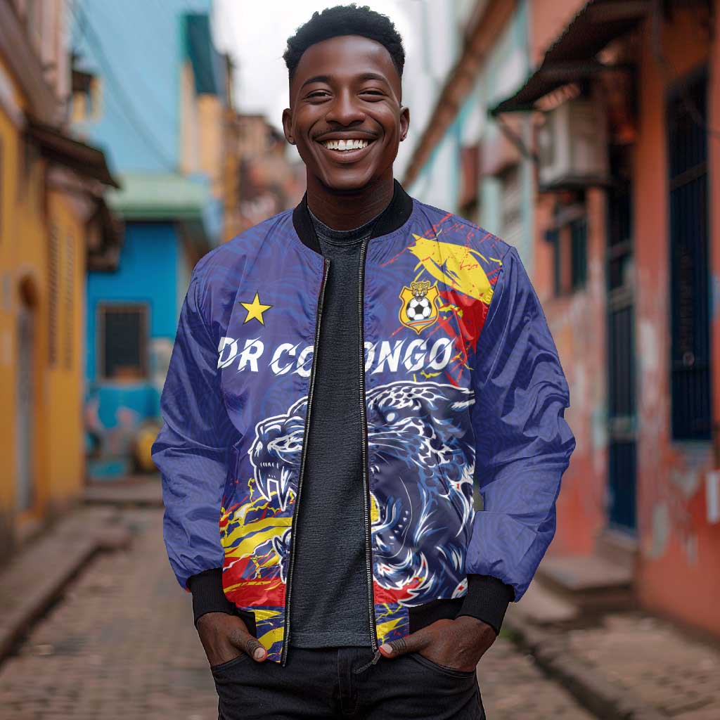 Custom DR Congo Football Leopard Mascot Bomber Jacket Fierce Leopard Art National Flag Colors