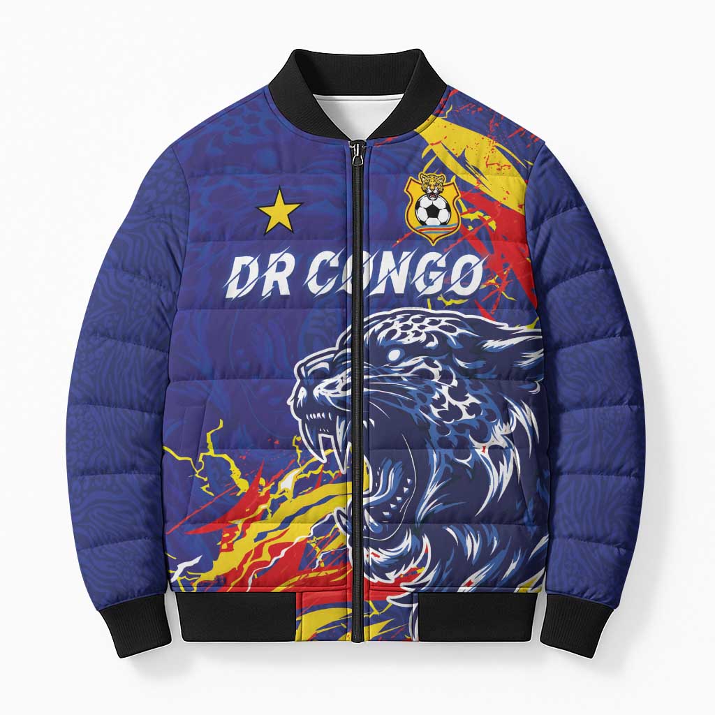 Custom DR Congo Football Leopard Mascot Bomber Puffer Jacket Fierce Leopard Art National Flag Colors