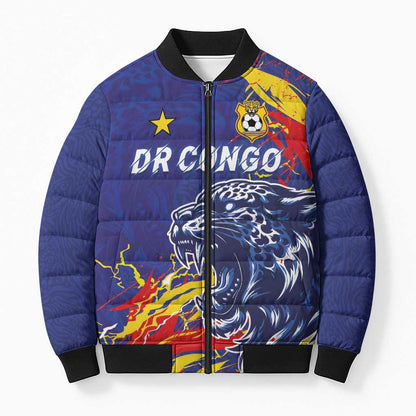Custom DR Congo Football Leopard Mascot Bomber Puffer Jacket Fierce Leopard Art National Flag Colors