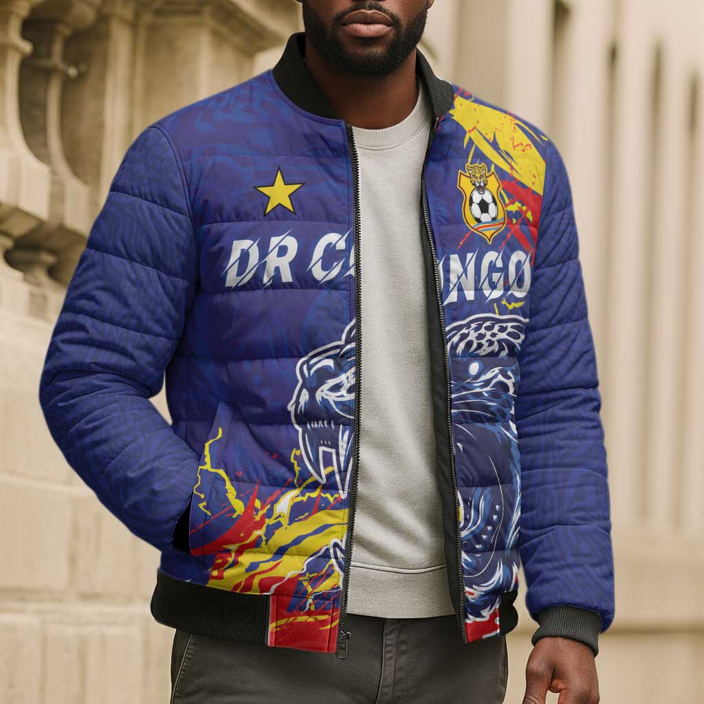 Custom DR Congo Football Leopard Mascot Bomber Puffer Jacket Fierce Leopard Art National Flag Colors