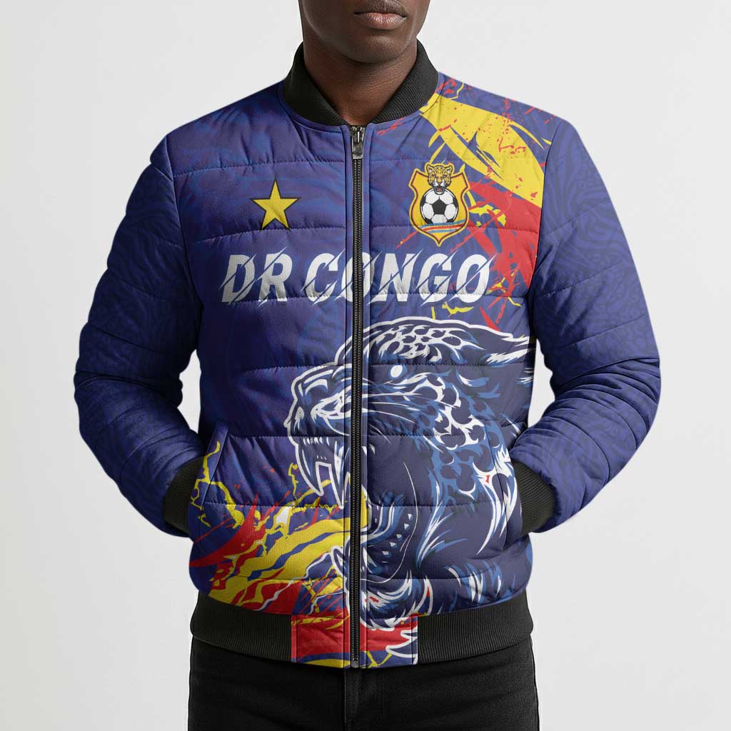 Custom DR Congo Football Leopard Mascot Bomber Puffer Jacket Fierce Leopard Art National Flag Colors