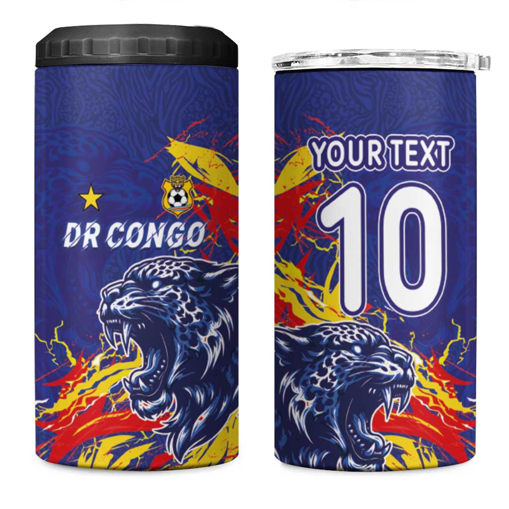 Custom DR Congo Football Leopard Mascot 4 in 1 Can Cooler Tumbler Fierce Leopard Art National Flag Colors