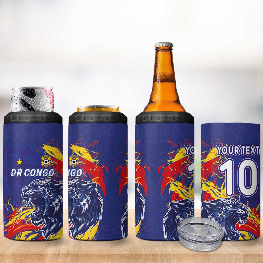 Custom DR Congo Football Leopard Mascot 4 in 1 Can Cooler Tumbler Fierce Leopard Art National Flag Colors