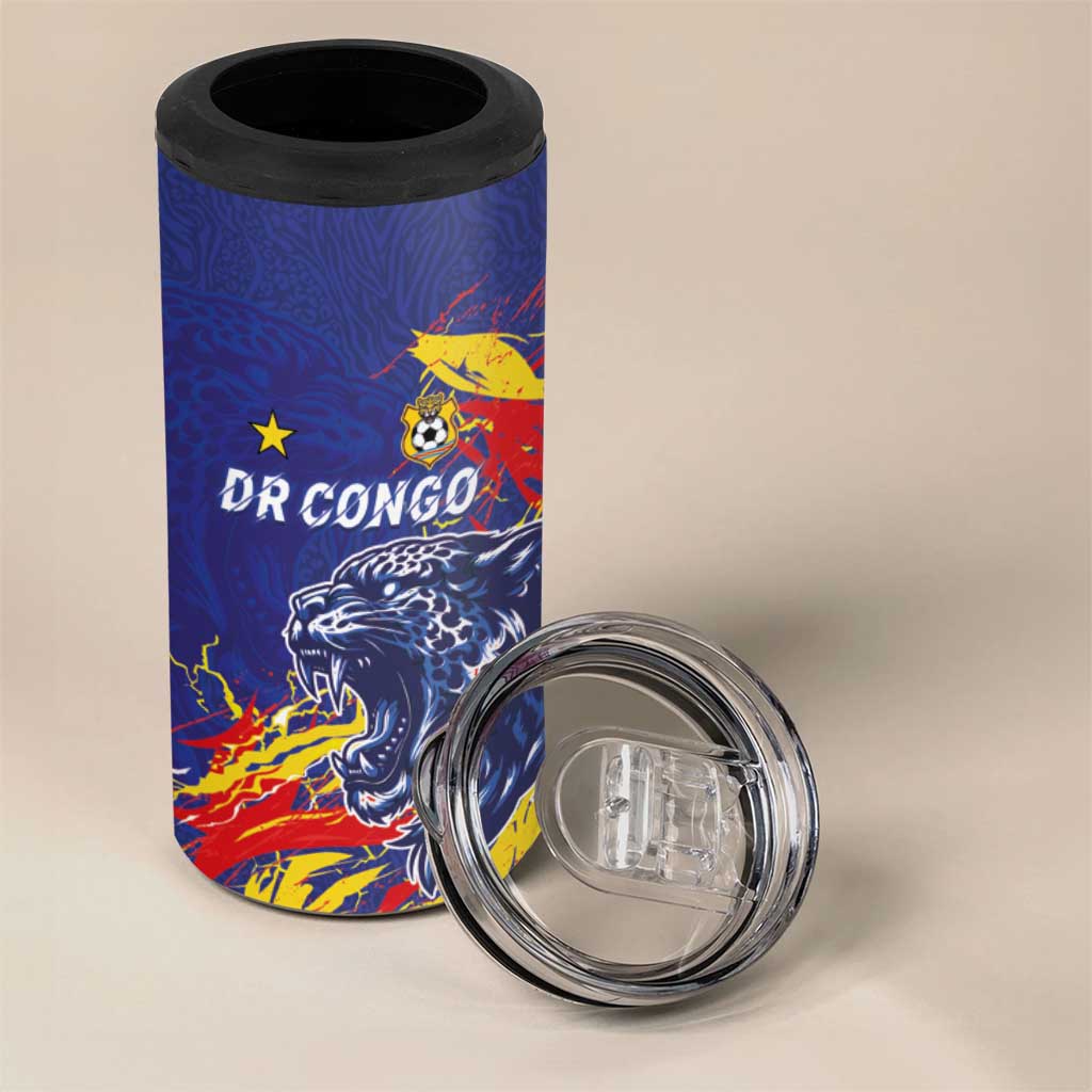 Custom DR Congo Football Leopard Mascot 4 in 1 Can Cooler Tumbler Fierce Leopard Art National Flag Colors